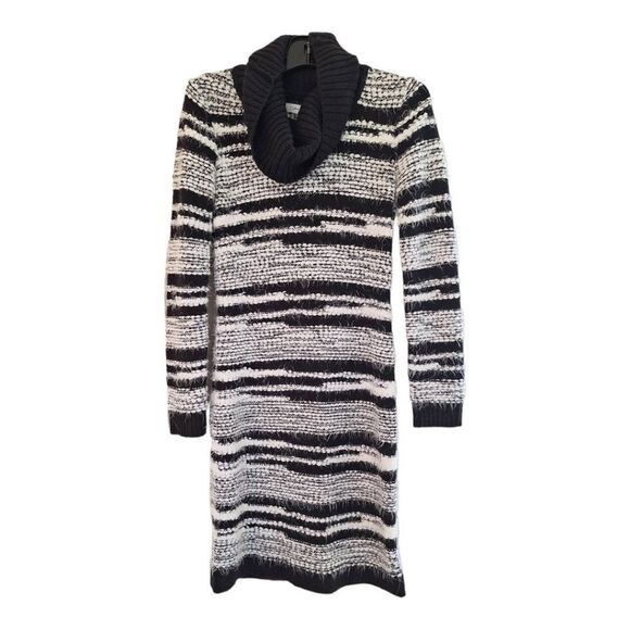 Calvin Klein Sweater Dress Eyelash Chunky Knit Sheath Black White Cowl Neck Sz S - Picture 2 of 12